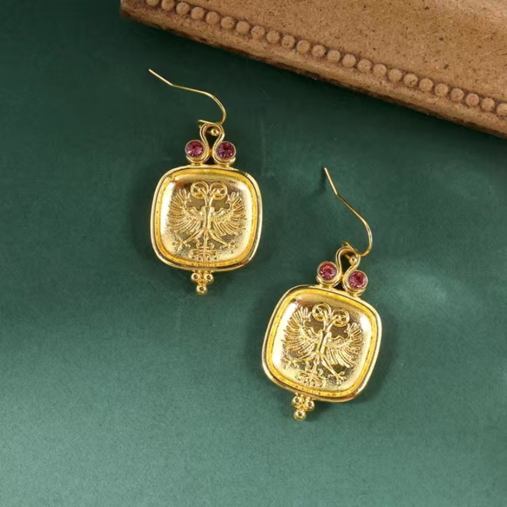 24k Gold Plated & Ruby Handcrafted Earrings 2”